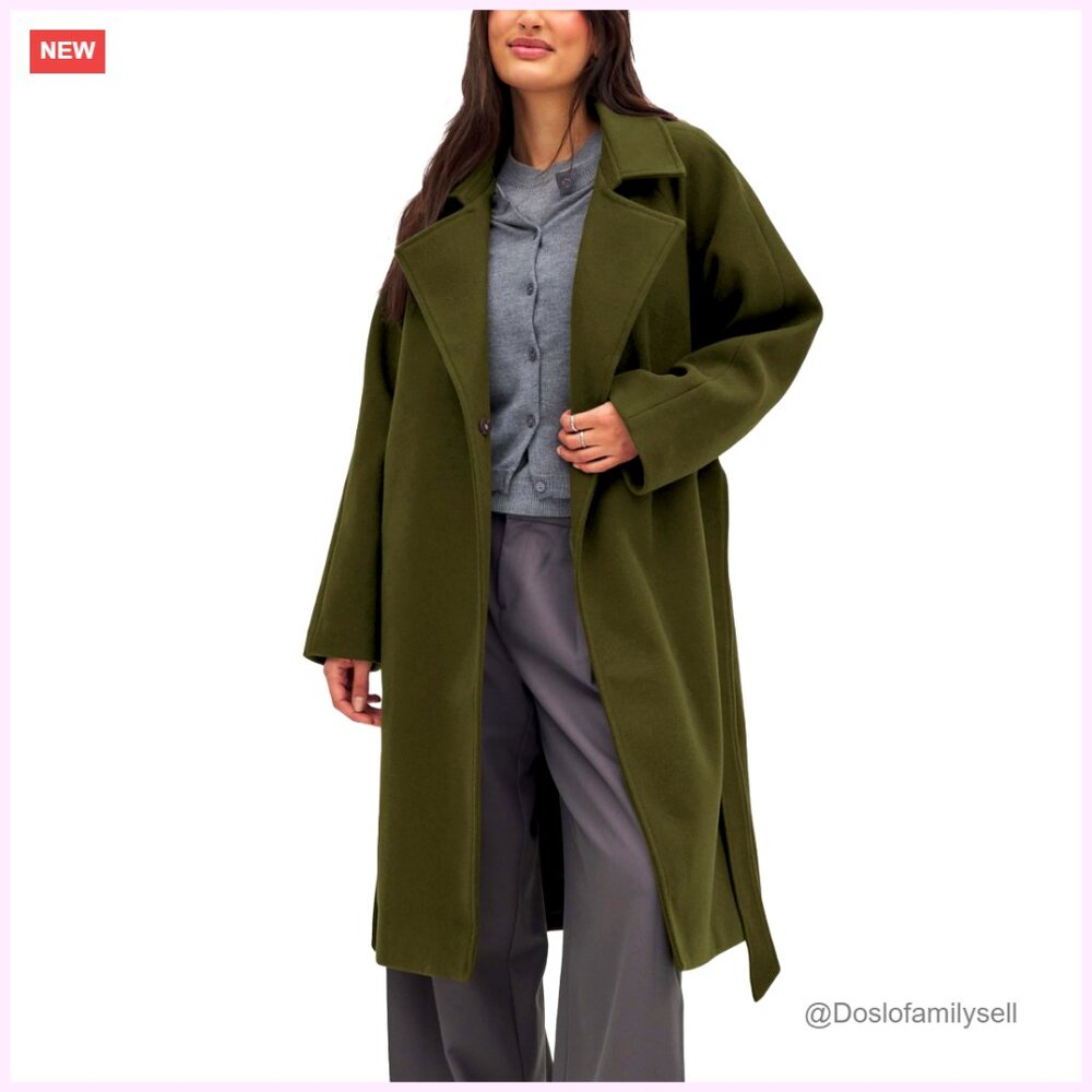 Classic Trench Coat Notch Lapel Belted Peacoat Loose Fit Long Wool Blend Outwear